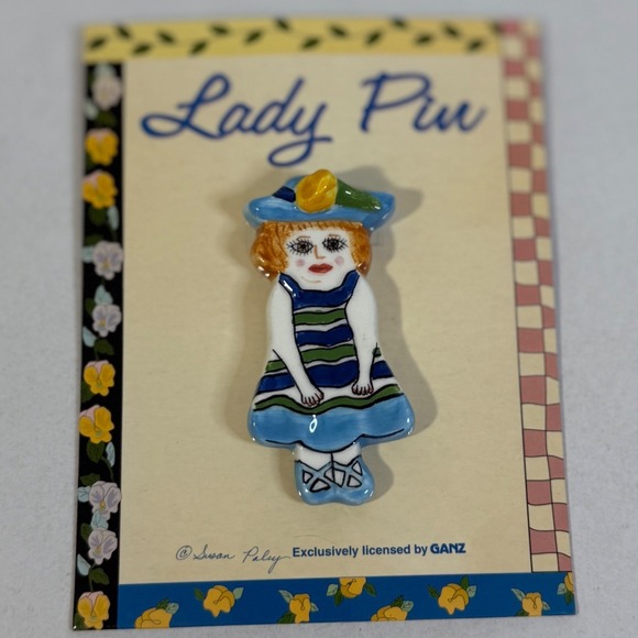 GANZ Susan Paley Lady Pin Louisa Girl Blue Hat Striped Dress Brooch - Picture 7 of 14